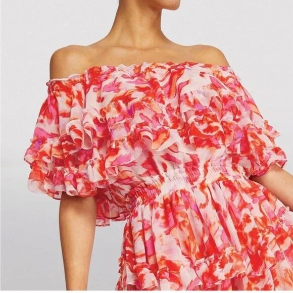 Misa Los Angeles Isella Maldive Marble Floral Off-Shoulder Ruffle Mini Dress M - Picture 4 of 16